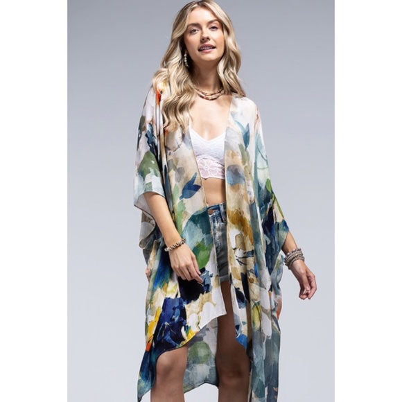Monica Floral Watercolor Spring Summer Open Wrap Women's Casual One Size Kimono - Picture 3 of 6